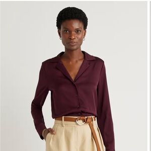 Quince Burgundy Washable Stretch Silk Notch Collar Blouse